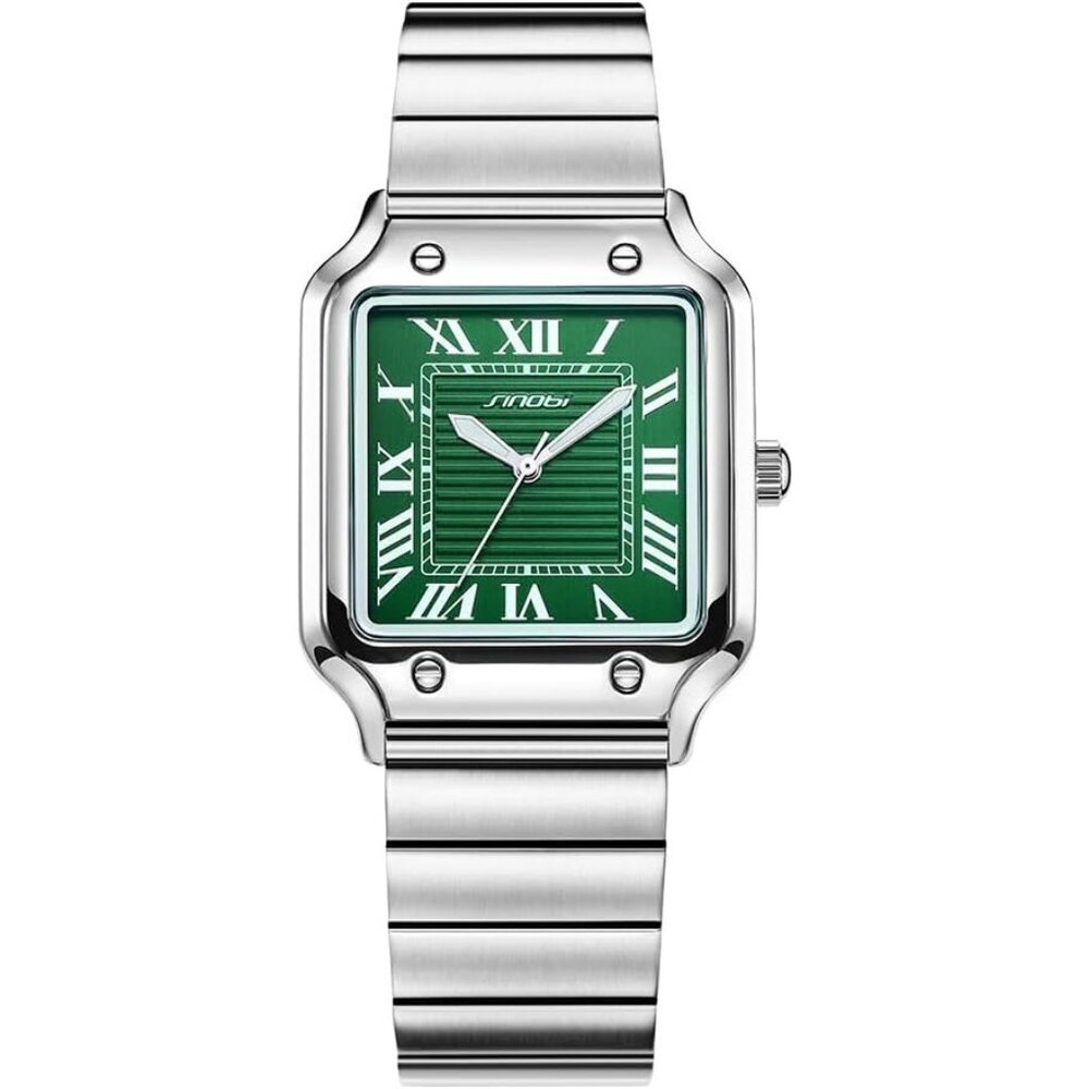 Men's Silver-Green Classic Square Stylish Comfortable Roman Numerals Wrist Watch